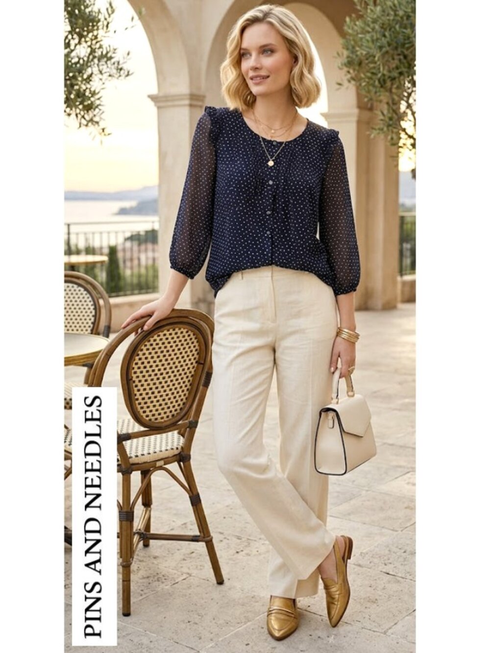 (3 for $30) PINS & NEEDLES - Beautiful Boho navy blue polka dot sheer blouse